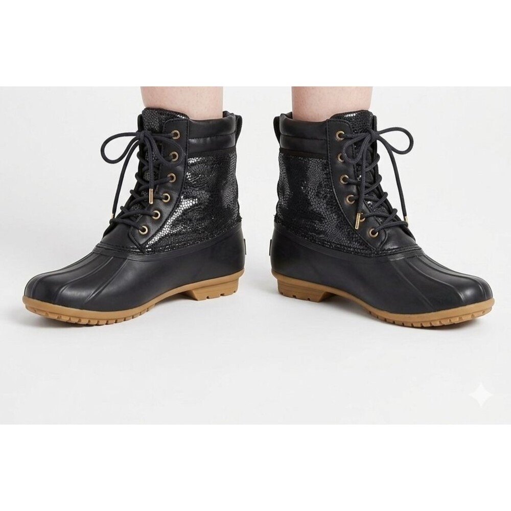 Sam Edelman Caldwell Black Metallic Snake Duck Boots Size 6M Rain Snow EUC